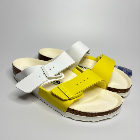 Birkenstock Arizona Split Two Strap Sandals in White/Lime Sour (Narrow) - Picture 5 of 9